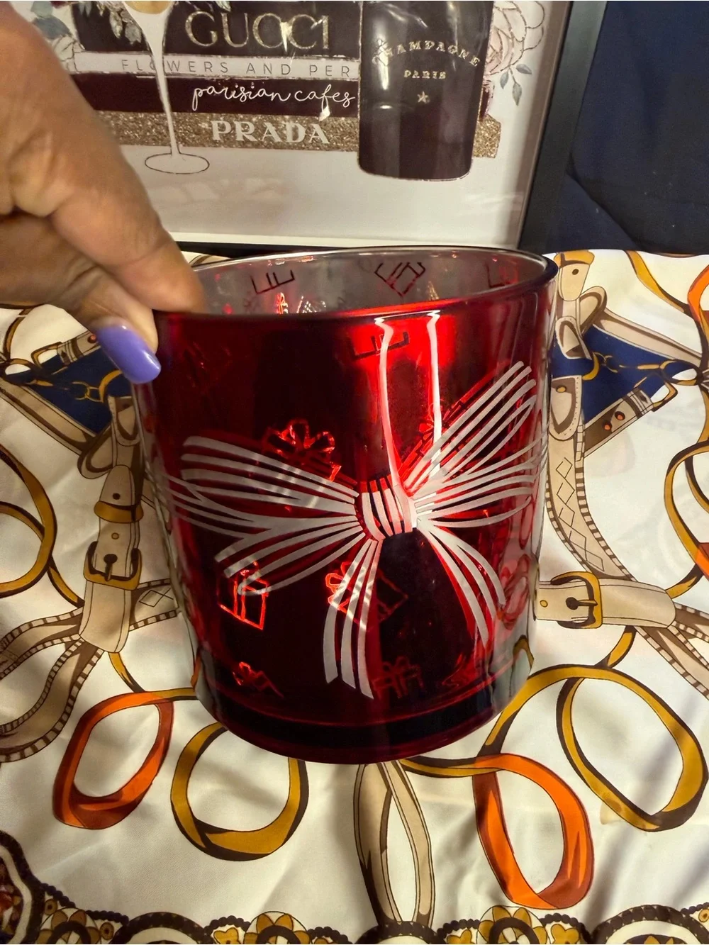 Holiday Red Glass Candle Holder / Decorative Hurricane Vase